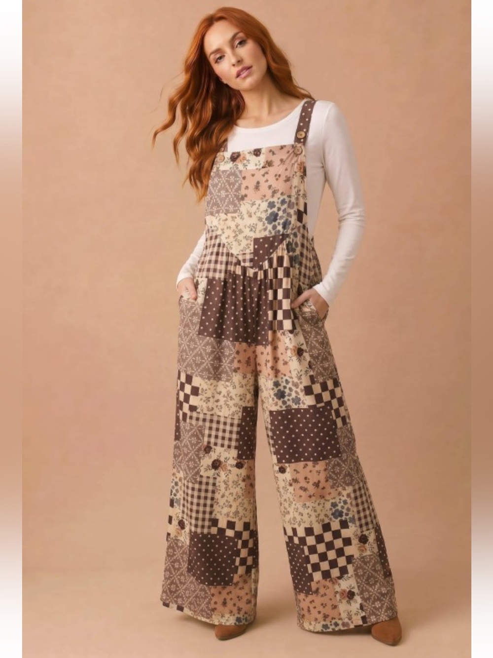 484 FLORAL PATCHWORK WIDE LEG OVERALLS